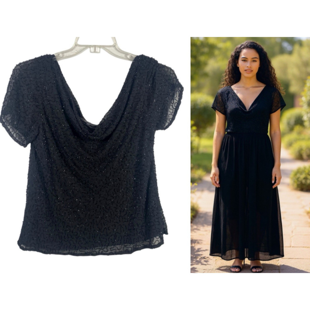 JKARA Top XXL 2X Black Beaded Scoop Neck Formal Elegant Musician Old Money